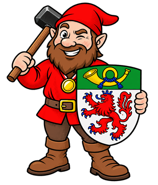 Hammer-Hugo mit Hammer und dem Wappen von Langenfeld