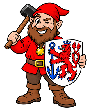 Hammer-Hugo mit Hammer und dem Wappen von Düsseldorf