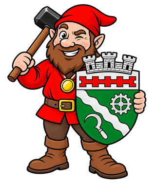 Hammer-Hugo mit Hammer und dem Wappen von Hilden