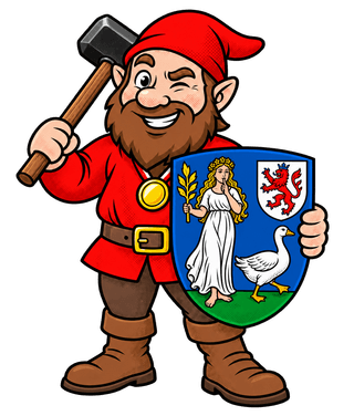 Hammer-Hugo mit Hammer und dem Wappen von Monheim am Rhein