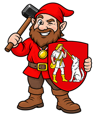Hammer-Hugo mit Hammer und dem Wappen von Wülfrath
